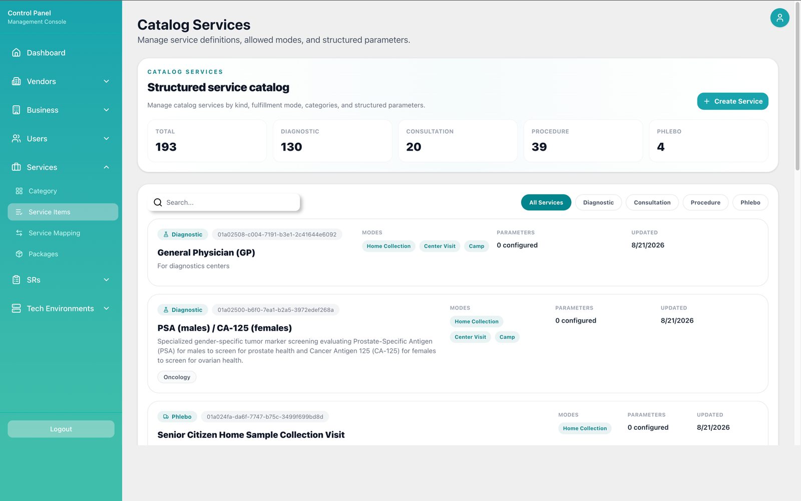 Control Panel — desktop view