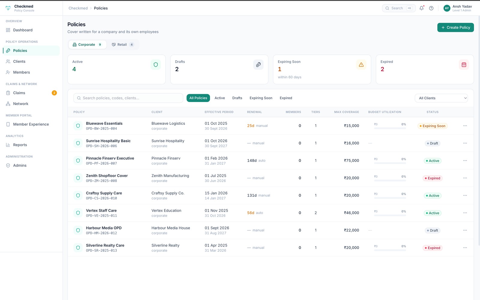 Policy Creator — desktop view